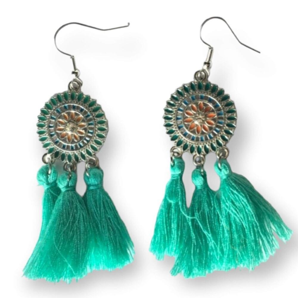 Boho aqua tassel medallion earrings